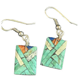 Vintage Santo Domingo Pueblo Dangle Earrings Kewa People Tab Gemstone Inlay 1.5"